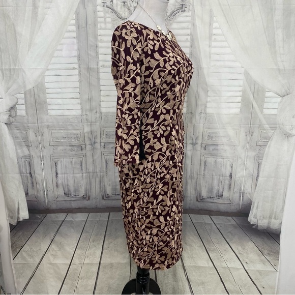 JS Collections Size 6 Maroon Purple Embroidered Fitted 3/4 Sleeve Sheath Dress - Picture 7 of 14